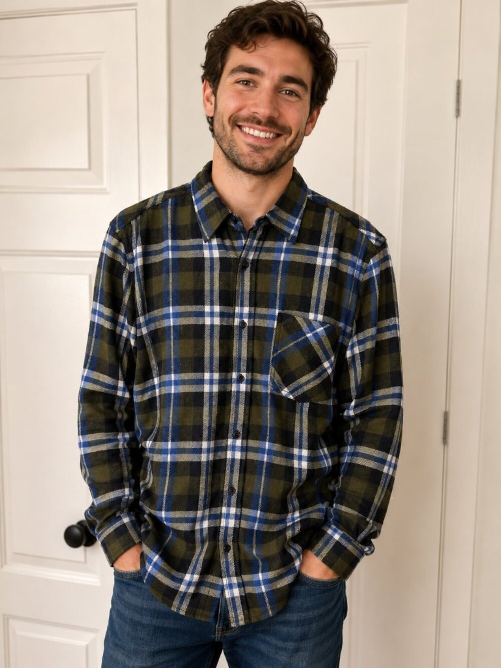 Men’s Swiss+Alps Blue Flannel Button Front Long Sleeve Shirt